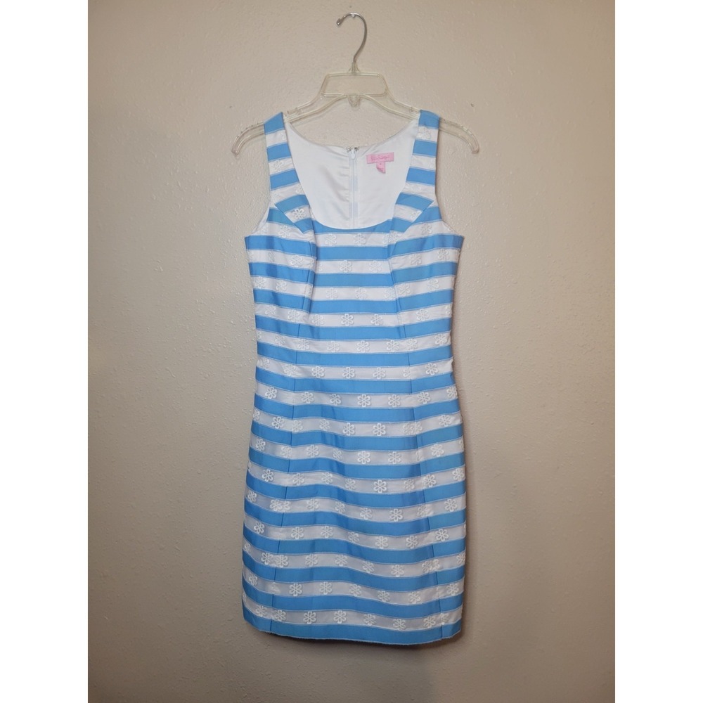 Lilly Pulitzer Dress‎ Joslin Flutter Blue Ribbon Floral Stripe Dress Womens Sz 6